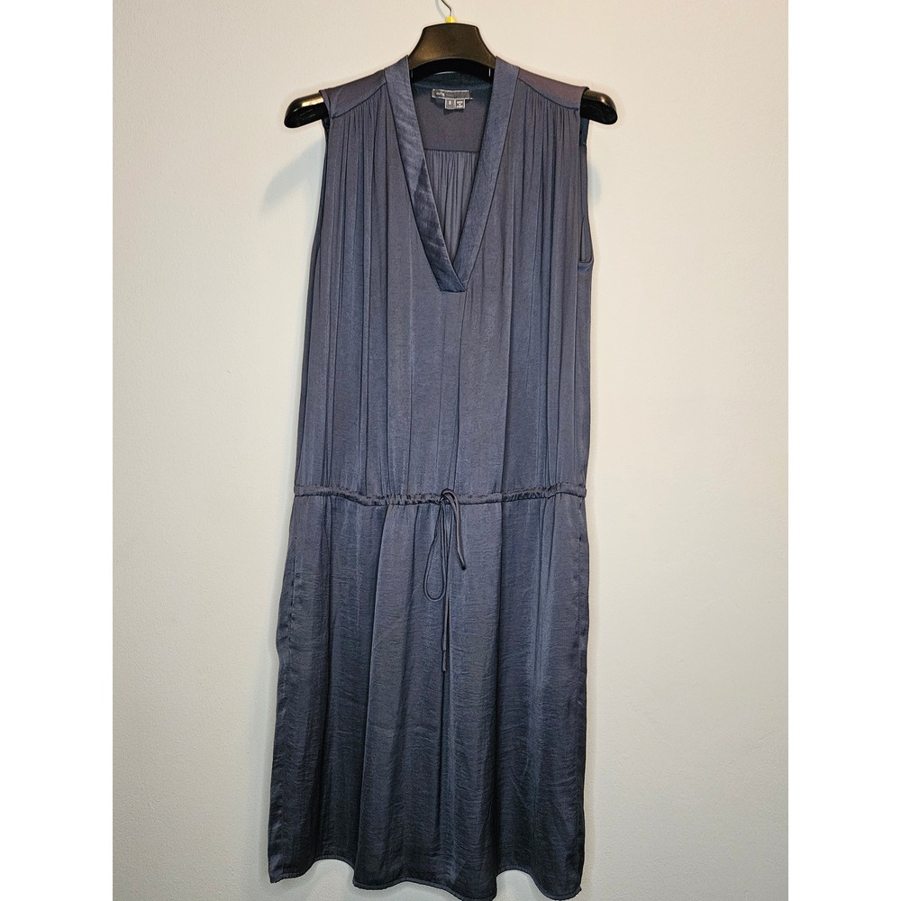 Vince Charcoal Gray Sleeveless‎ Pleated Drawstring Waist V-Neck Dress Small